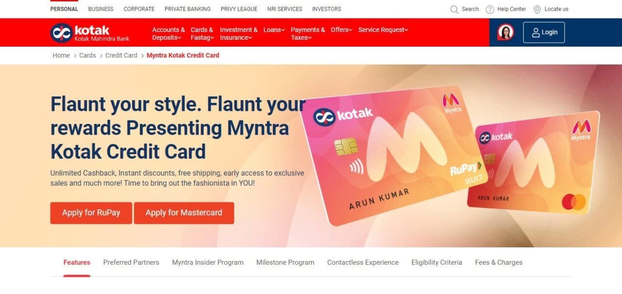 Myntra Kotak Credit Card (Best Money Back Credit Cards)