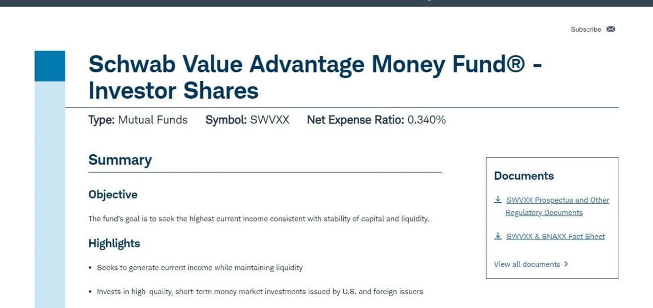 Schwab Value Advantage Money Fund — Investor Shares (SWVXX)