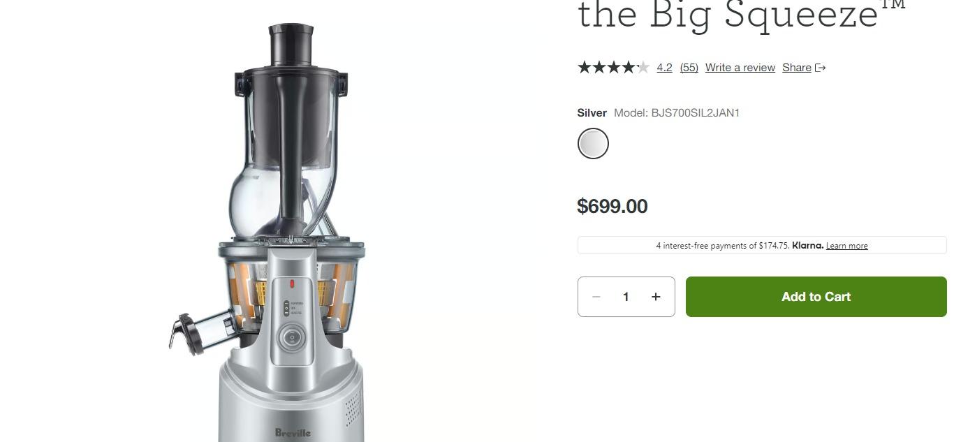 4. Breville BJS700SIL Big Squeeze Slow Juicer