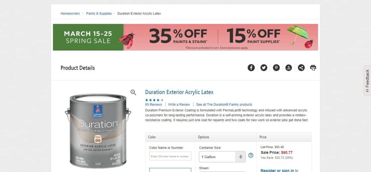 2. Sherwin-Williams Duration Exterior Acrylic Latex Paint
