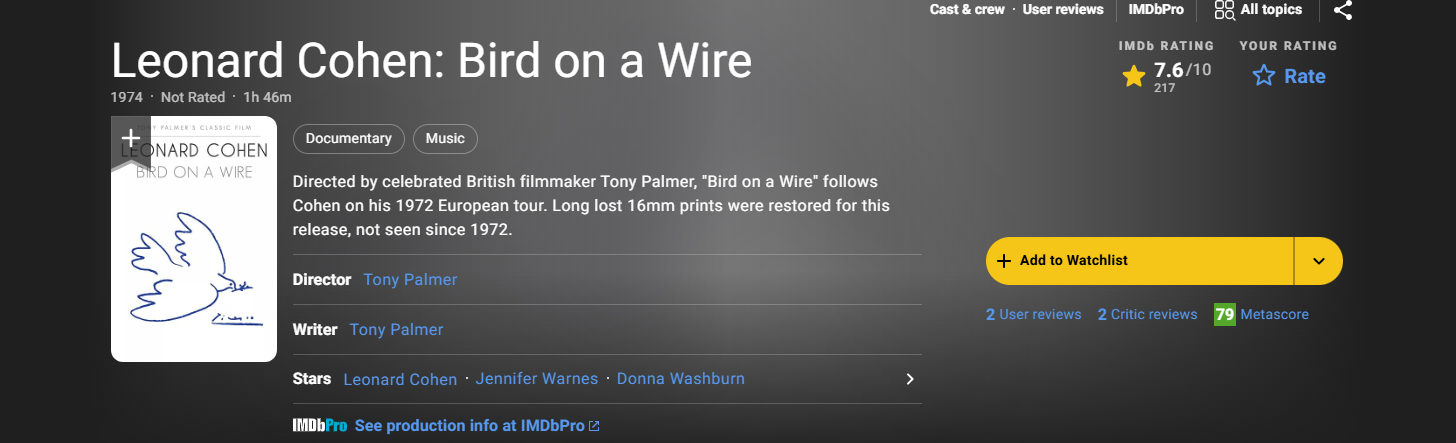 ‘Leonard Cohen: Bird on a Wire’ (1974)