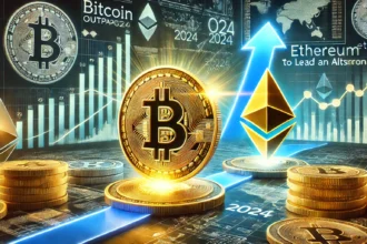 Ethereum and Bitcoin digital coins with financial charts showing Ethereum’s sharp rise against Bitcoin suggesting the start of an altcoin season, as Ethereum gains momentum and institutional interest grows.