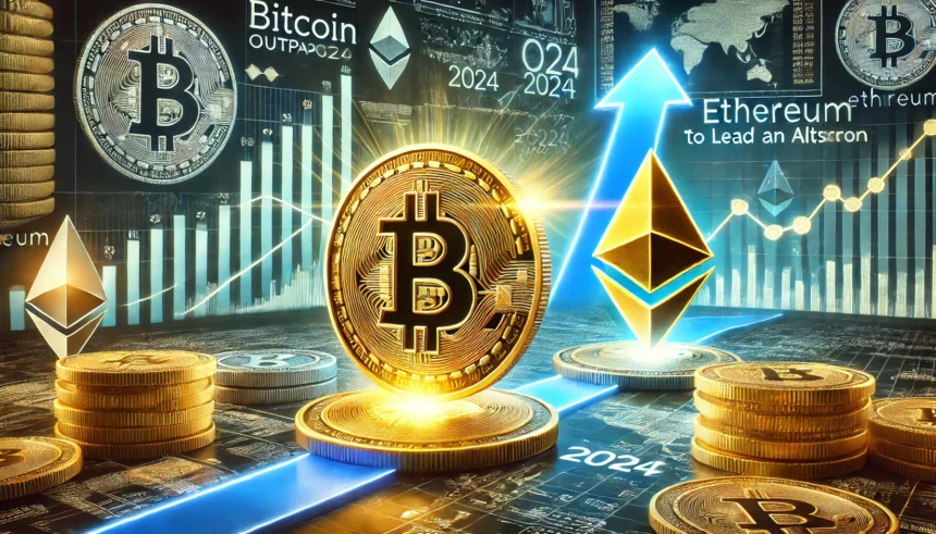 Ethereum and Bitcoin digital coins with financial charts showing Ethereum’s sharp rise against Bitcoin suggesting the start of an altcoin season, as Ethereum gains momentum and institutional interest grows.