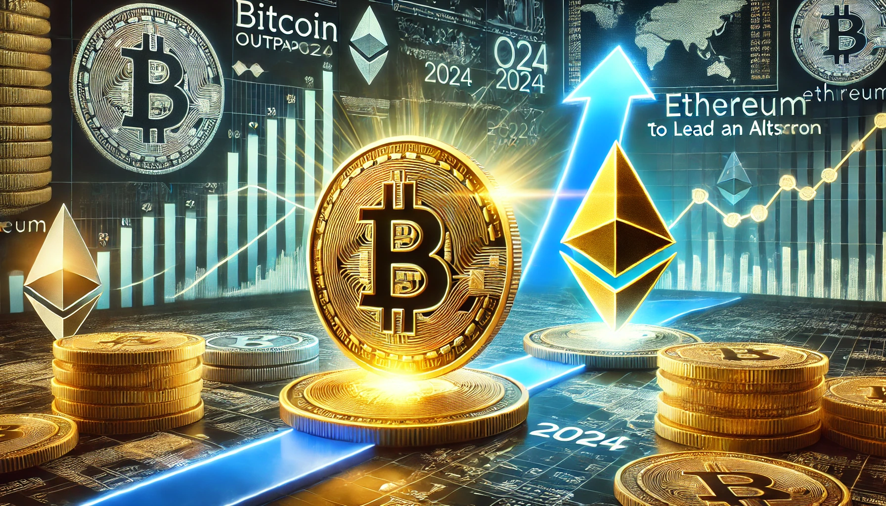 Ethereum and Bitcoin digital coins with financial charts showing Ethereum’s sharp rise against Bitcoin suggesting the start of an altcoin season, as Ethereum gains momentum and institutional interest grows.