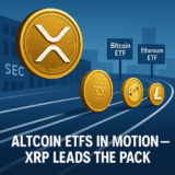 Illustration of XRP leading a race on a digital track, ahead of other altcoins like Cardano, Dogecoin, and Litecoin, with Bitcoin and Ethereum ETF signs in the background near the SEC building, symbolizing the competitive push for altcoin ETF approvals.