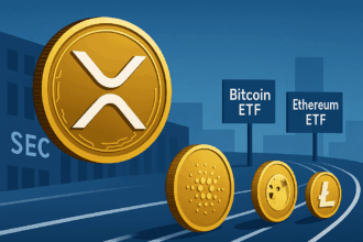 Illustration of XRP leading a race on a digital track, ahead of other altcoins like Cardano, Dogecoin, and Litecoin, with Bitcoin and Ethereum ETF signs in the background near the SEC building, symbolizing the competitive push for altcoin ETF approvals.