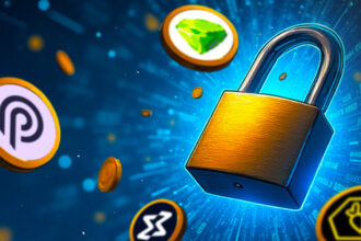 Crypto tokens surrounding a padlock symbolizing upcoming $84 million insider unlocks impacting the cryptocurrency market