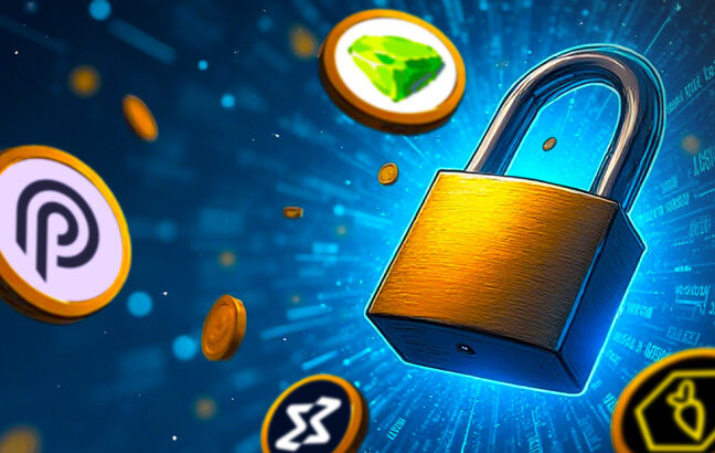 Crypto tokens surrounding a padlock symbolizing upcoming $84 million insider unlocks impacting the cryptocurrency market