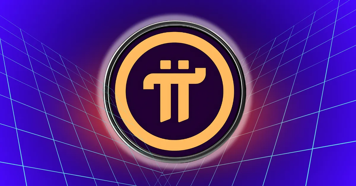 Pi Network cryptocurrency logo displayed against a futuristic grid background, representing centralization concerns and market risk highlighted by crypto analyst Szymanski.