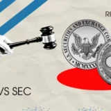 Illustration of Ripple vs SEC legal battle showing a gavel, XRP coin, and U.S. SEC emblem