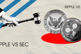 Illustration of Ripple vs SEC legal battle showing a gavel, XRP coin, and U.S. SEC emblem