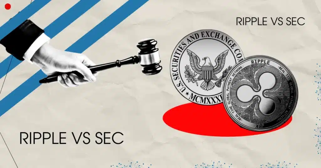 Illustration of Ripple vs SEC legal battle showing a gavel, XRP coin, and U.S. SEC emblem