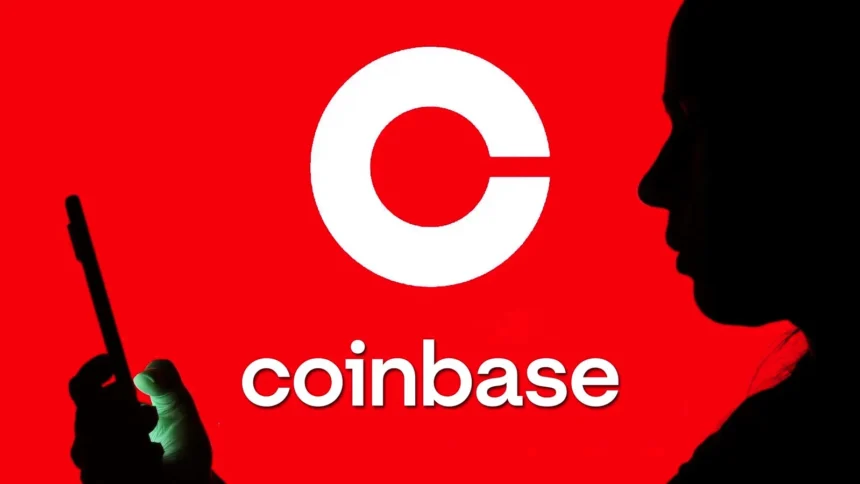 Silhouettes against red background with Coinbase logo, symbolizing crypto delisting and data breach concerns