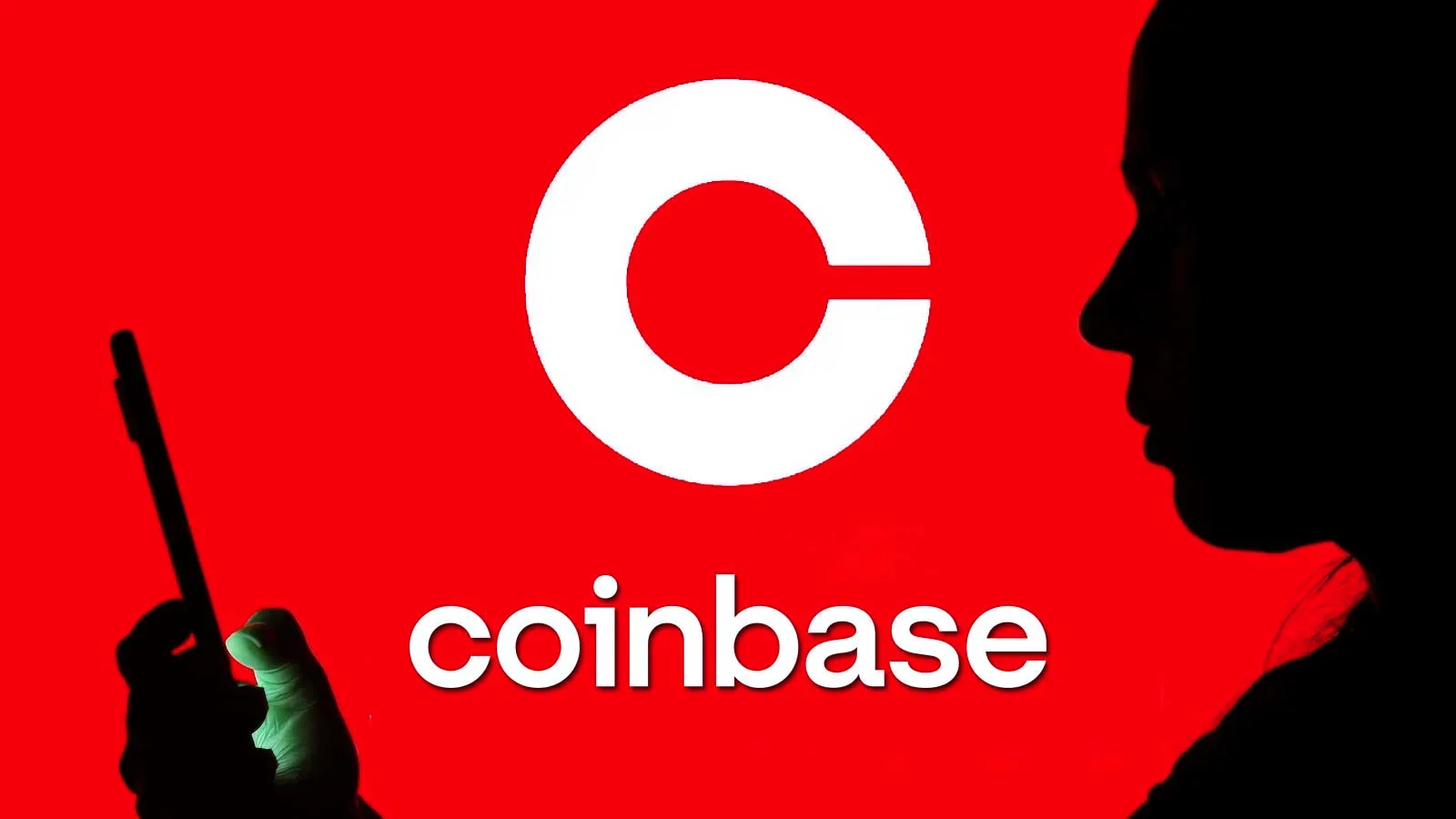 Silhouettes against red background with Coinbase logo, symbolizing crypto delisting and data breach concerns