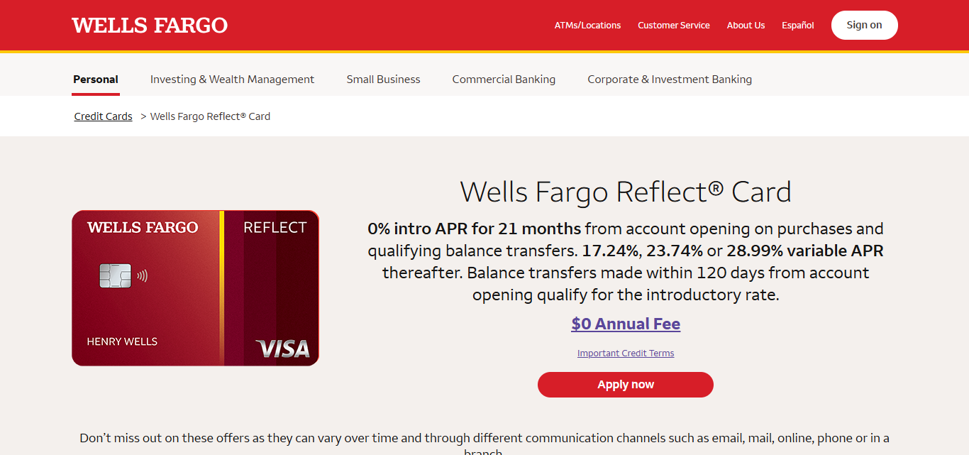 Wells Fargo Reflect Visa® Credit Card