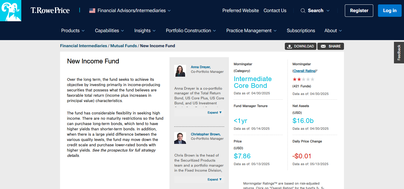 T. Rowe Price New Income Fund (PRCIX)