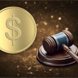 Gavel next to a gold coin symbolizing stablecoin legislation as US Senate advances GENIUS Act for crypto regulation