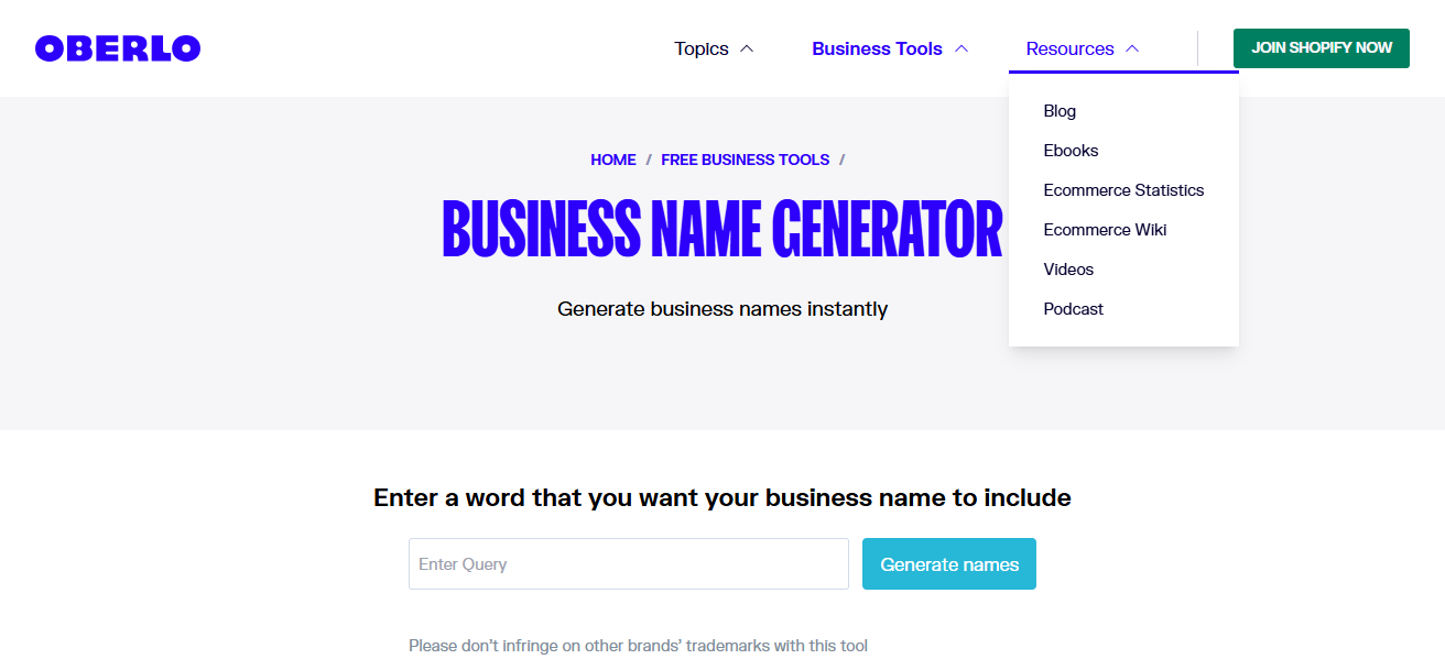 Oberlo Business Name Generator