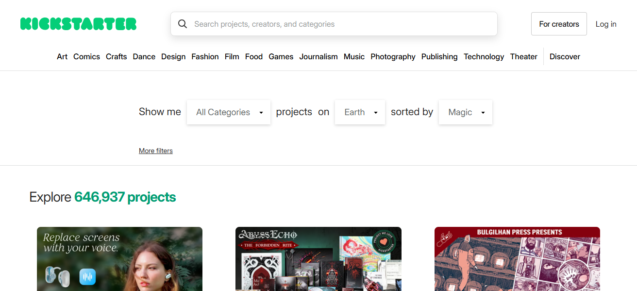 Kickstarter Discover Page