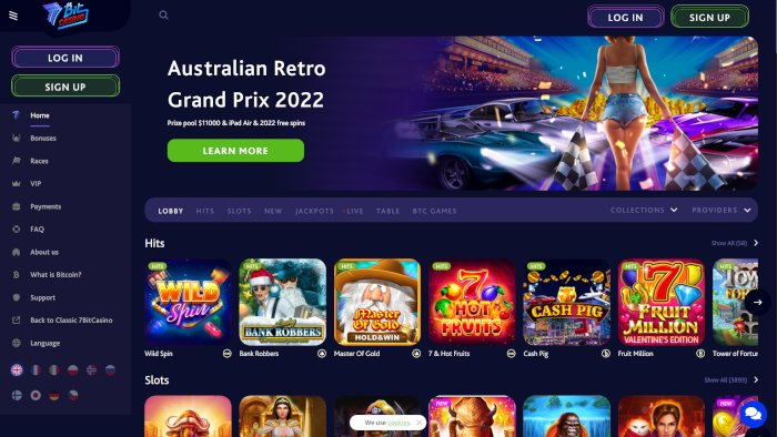 7Bit Casino homepage with cryptocurrency gaming and anonymous play options.