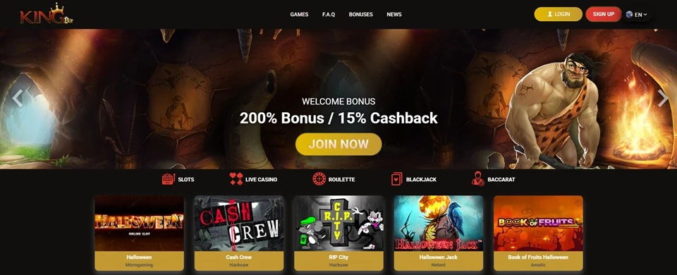 Kingbit Casino homepage with no KYC crypto gaming and instant deposits.