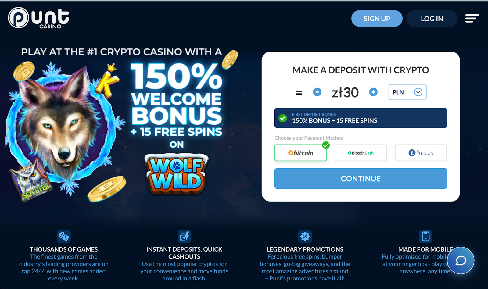 Punt Casino platform showing cryptocurrency gaming and anonymous account access.
