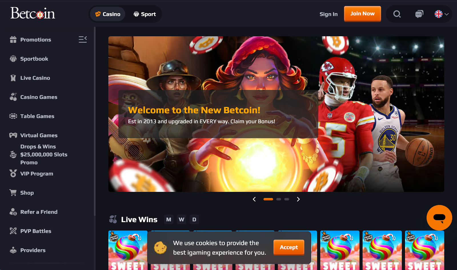 Betcoin casino featuring no verification gaming and cryptocurrency payment options.