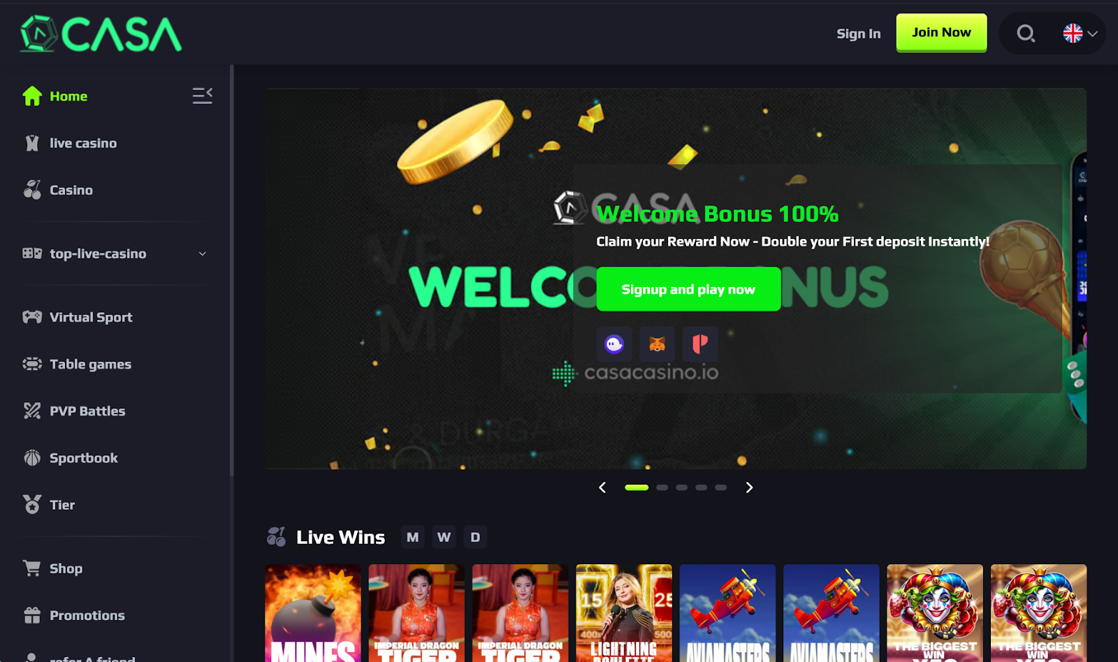 No verification crypto casino homepage with instant registration and Bitcoin payments.