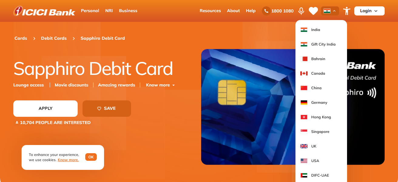 9. ICICI Bank Sapphiro International Debit Card