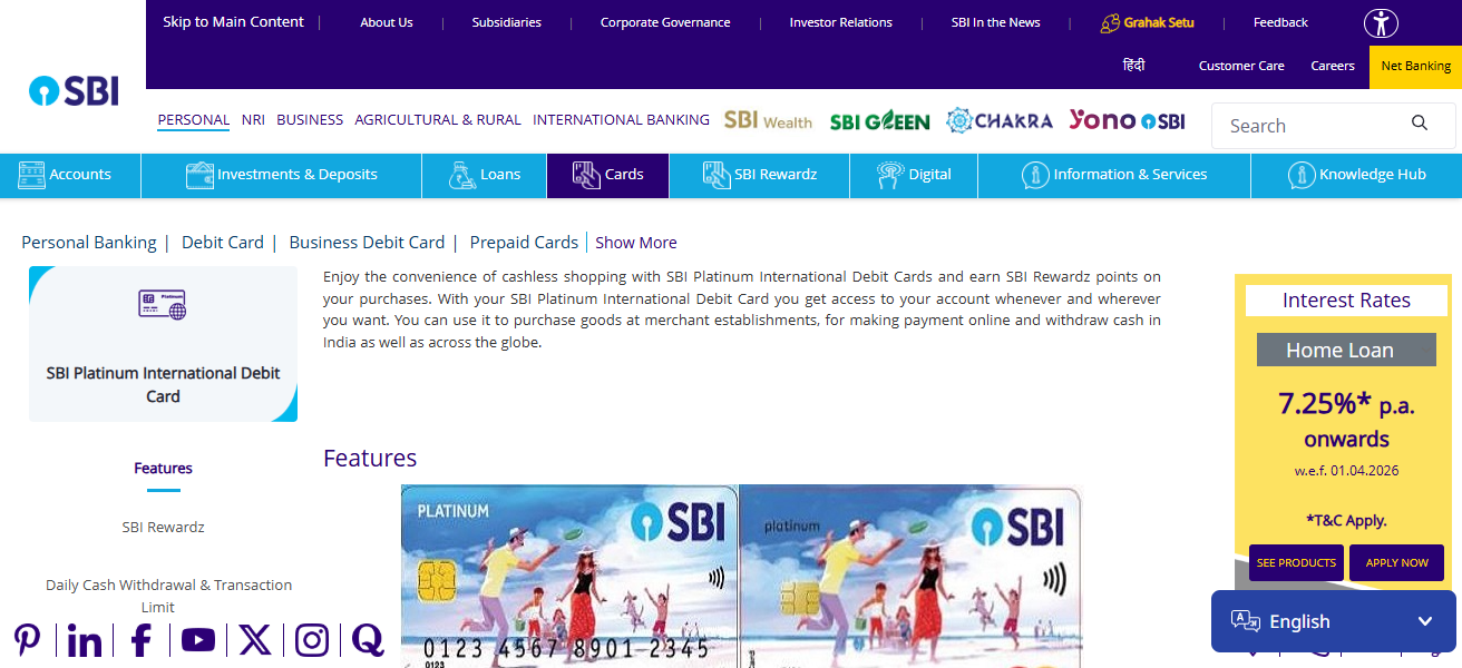7. State Bank of India (SBI) Platinum International Debit Card