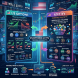 Infographic explaining US options and ETFs trading concepts, including contracts, strategies, holdings, benefits, and market participants.