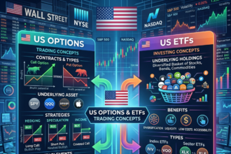 Infographic explaining US options and ETFs trading concepts, including contracts, strategies, holdings, benefits, and market participants.