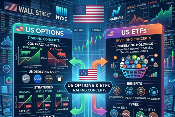 Infographic explaining US options and ETFs trading concepts, including contracts, strategies, holdings, benefits, and market participants.