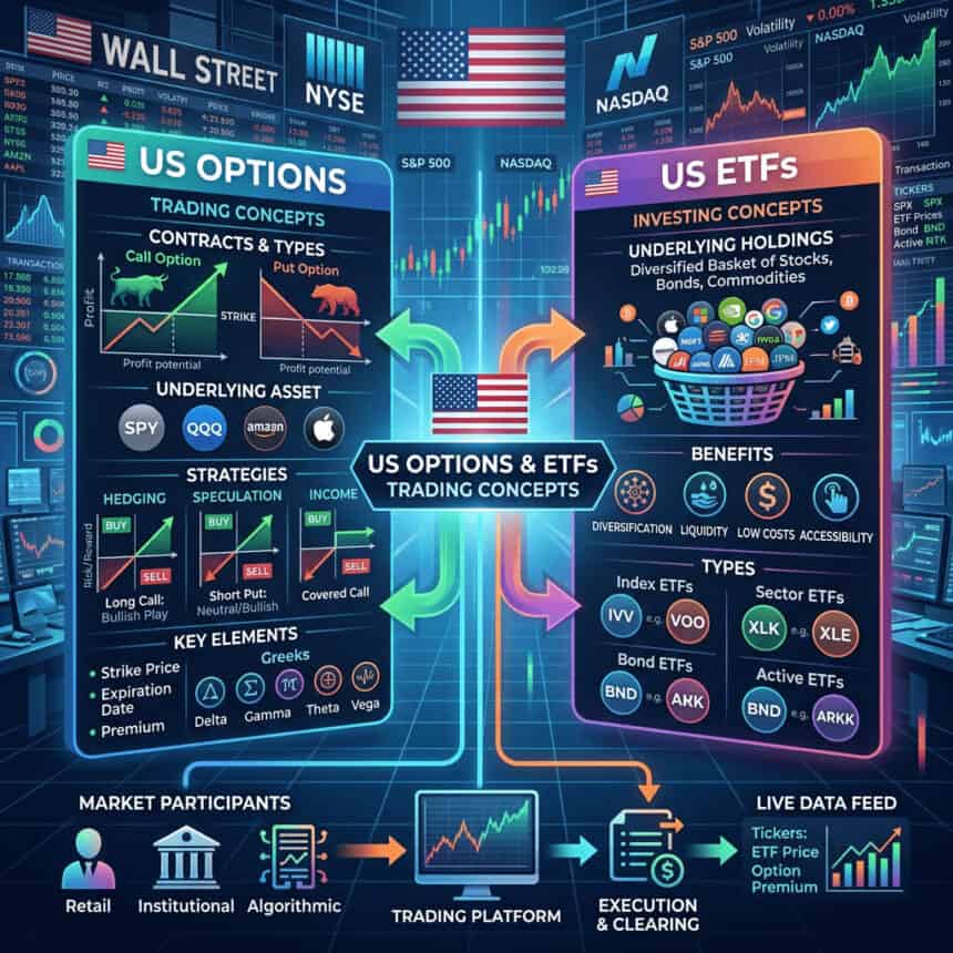 Infographic explaining US options and ETFs trading concepts, including contracts, strategies, holdings, benefits, and market participants.