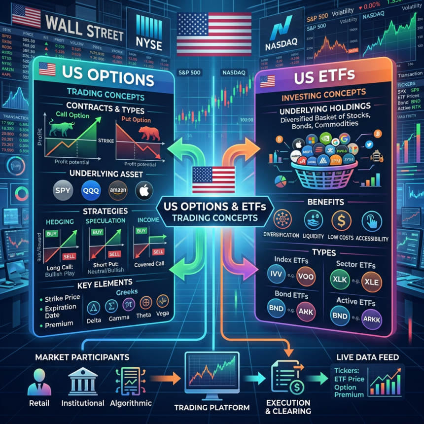 Infographic explaining US options and ETFs trading concepts, including contracts, strategies, holdings, benefits, and market participants.
