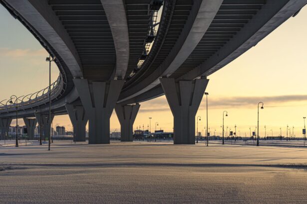view from below of two lane highway viaduct in sankt petersburg