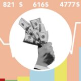 illustration of businessman with money above graph