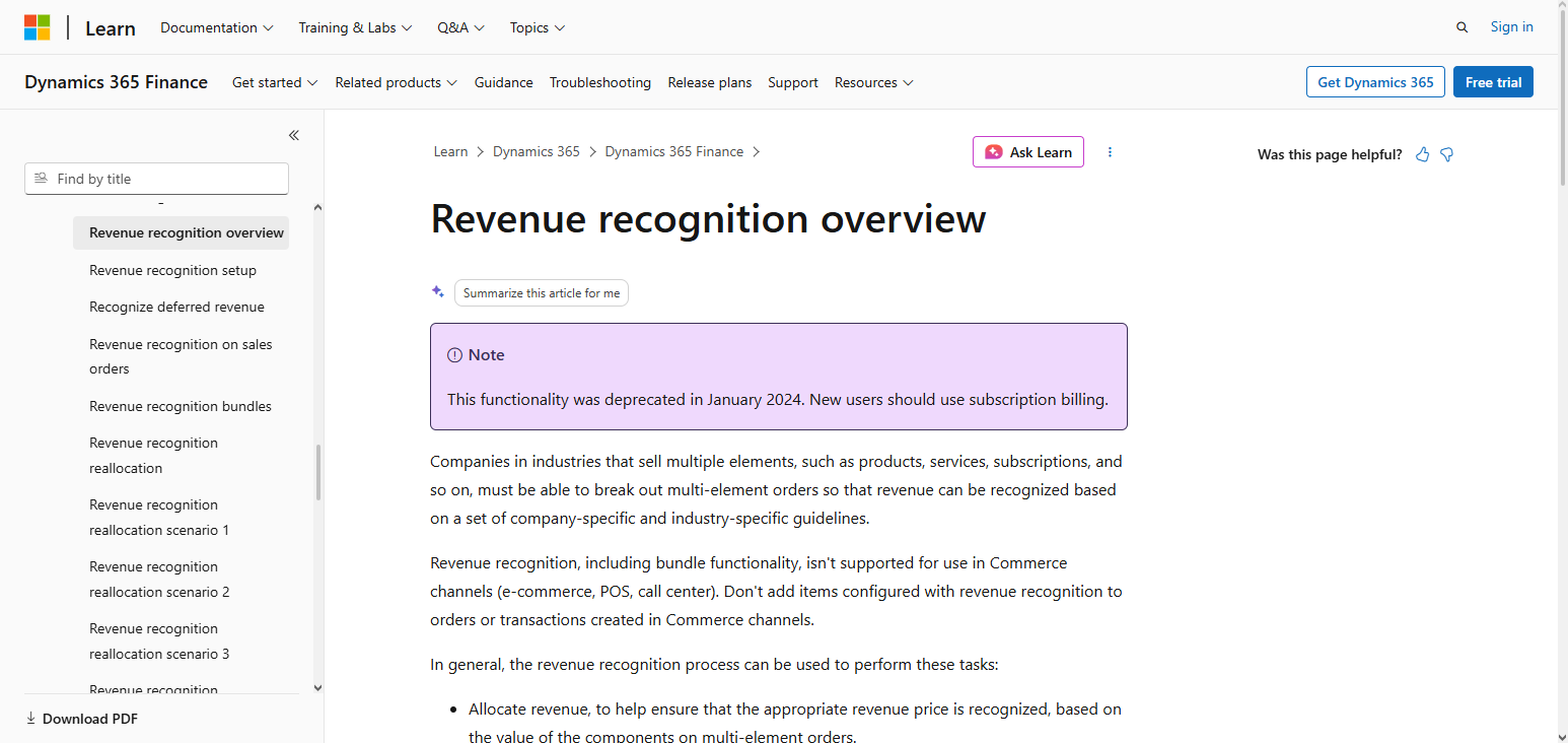 Microsoft Dynamics 365 Finance Revenue Recognition